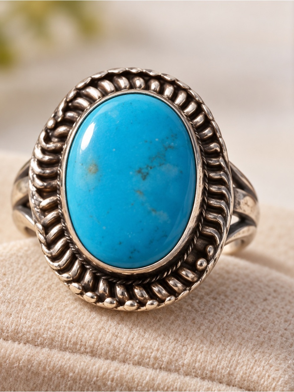 Oval Turquoise Stone Ring in Silver-Tone Filigree - Blue